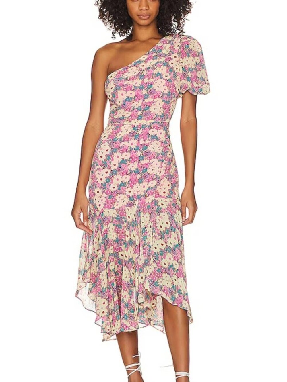 Astr Women’s Pink Blue One-Shoulder Floral Pleated Ruffle Midi Dress Size Small